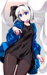  1girl black_bow black_bowtie black_pantyhose blue_eyes blue_jacket bow bowtie commentary_request duplicate ghost highres jacket konpaku_youmu konpaku_youmu_(ghost) looking_at_viewer pantyhose pixel-perfect_duplicate sazanami_mio touhou white_hair 