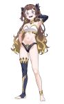 1girl :d absurdres anklet anya_melfissa arm_up armlet armpits barefoot bikini black_bikini black_bridal_gauntlets blonde_hair breasts bridal_gauntlets brown_hair center-flap_bangs cosplay double-parted_bangs earrings fate/grand_order fate_(series) full_body gold_trim gradient_hair hand_on_own_hip highleg highleg_bikini highres hololive hololive_indonesia hoop_earrings ishtar_(fate) ishtar_(fate)_(cosplay) jewelry long_hair looking_at_viewer mismatched_bikini multicolored_hair navel neck_ring purple_eyes raikkonen simple_background single_bridal_gauntlet single_thighhigh small_breasts smile solo streaked_hair swimsuit teeth thighhighs two_side_up upper_teeth_only very_long_hair virtual_youtuber wavy_hair white_background white_bikini 