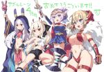  4girls ^^^ animal_ears animal_hood arm_up armor axe ayanami_(azur_lane) azur_lane azur_lane:_slow_ahead battle_axe bikini_armor black_footwear black_gloves black_shorts blue_dress blue_eyes blue_gloves blue_robe boots breasts brown_hair bunny_hood cape cleavage clenched_hands closed_mouth commentary_request dress elbow_gloves fake_animal_ears fingerless_gloves folded_ponytail fur_trim gloves green_eyes groin headgear headpiece holding holding_axe holding_staff holding_sword holding_weapon hood hood_up hooded_robe hori_(hori_no_su) javelin_(azur_lane) laffey_(azur_lane) large_breasts midriff multiple_girls navel official_art open_clothes open_mouth open_robe outstretched_arm ponytail purple_hair rabbit_ears red_cape revealing_clothes robe shirt short_shorts shorts simple_background small_breasts staff strapless strapless_dress sword translation_request v-shaped_eyebrows weapon white_background white_shirt z23_(azur_lane) 