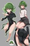  1girl anger_vein arms_behind_back ass ass_support bare_legs black_dress black_legwear black_sailor_collar black_skirt breasts covered_navel curly_hair dress full_body green_eyes green_hair green_neckerchief grey_background highres kneehighs long_sleeves looking_at_viewer medium_skirt multiple_views neckerchief one-punch_man parted_lips pelvic_curtain pleated_skirt ryudraw sailor_collar school_uniform seiza serafuku shirt short_hair short_sleeves simple_background sitting skirt small_breasts tatsumaki white_shirt 