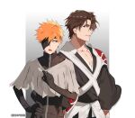  2boys aizen_sousuke aizen_sousuke_(cosplay) armor bad_id bad_twitter_id bleach bleach:_sennen_kessen-hen brown_hair cosplay costume_switch enpissi eyepatch hand_on_own_hip highres kurosaki_ichigo kurosaki_ichigo_(cosplay) male_focus multiple_boys open_mouth orange_hair pauldrons shihakusho shoulder_armor single_pauldron twitter_username 