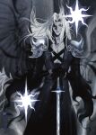  1boy armor black_coat black_gloves black_wings cheseely chest_strap closed_mouth coat collarbone commentary english_commentary feathered_wings feet_out_of_frame final_fantasy final_fantasy_vii gloves greyscale hands_on_hilt highres long_hair long_sleeves looking_at_viewer male_focus masamune_(ff7) monochrome sephiroth shoulder_armor single_wing solo straight-on wings 