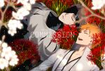  2boys aizen_sousuke aizen_sousuke_(cosplay) bleach bleach:_sennen_kessen-hen brown_hair coat commission commissioner_name cosplay enpissi eyepatch flower kurosaki_ichigo lying male_focus multiple_boys on_back open_mouth orange_hair smile spider_lily watermark white_coat 