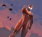  1boy alien clenched_hand cloud cloudy_sky color_timer colored_skin commentary compound_eyes crystal dorsal_fin dutch_angle falling_leaves feet_out_of_frame from_below fsm78 giant giant_male glowing glowing_eyes hand_up large_pectorals leaf legs_apart looking_at_viewer looking_down male_focus multicolored_skin muscular muscular_male no_pupils outdoors pectorals red_skin red_sky silver_skin sky solo standing sunset tokusatsu two-tone_skin ultra_series ultraman_dyna ultraman_dyna_(series) ultraman_dyna_(strong_type) v white_eyes 