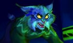 anthro canada_lynx clothing disney felid feline fur green_clothing green_sweater green_topwear grey_body grey_fur infected insane_eyes lynx male mammal night_howlers pawbert_lynxley pointy_ears solo splatter sweater topwear tuherrus yellow_eyes zootopia