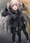  1girl battle_rifle black_legwear blue_eyes boots desert_tech_mdr double_v fang girls&#039;_frontline grey_hair gun hanabusaraleigh heterochromia highres long_hair long_sleeves mdr_(girls&#039;_frontline) multicolored_hair one_side_up pantyhose purple_hair red_eyes rifle skin_fang solo streaked_hair tactical_clothes thigh_strap v weapon white_footwear 