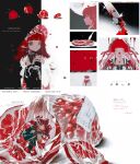  1girl absurdres bag black_nails blunt_bangs brown_eyes character_name choker closed_eyes closed_mouth collarbone colored_skin commission earrings expressionless eyelashes fingernails food fork fruit gem hair_ornament hairband hat highres holding holding_knife izumi_087 jewelry knife looking_at_viewer mihuashi_commission multiple_girls nail_polish necklace open_mouth original own_hands_clasped own_hands_together pink_skin plastic_bag plate pointy_ears pomegranate profile raw_meat red_gem red_hair sample_watermark sidelocks star_(symbol) upper_body watermark 