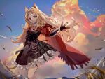  1girl animal_ears archetto_(arknights) arknights black_dress black_gloves blonde_hair blue_eyes blue_sky cape cloud commentary dress feet_out_of_frame gloves hand_up heterochromia highres kirrrara lion_ears lion_tail long_hair looking_at_viewer pouch red_cape red_eyes sky solo standing tail thigh_strap tiara 