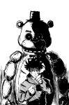  2boys animal_ears animal_nose bear_ears behind_another commentary crossover english_commentary five_nights_at_freddy's freddy_fazbear front-to-back fushiguro_megumi greyscale hat high_collar humanoid_robot jacket jujutsu_kaisen jujutsu_tech_uniform long_sleeves looking_at_viewer male_focus monochrome multiple_boys partially_shaded_face robot schonv short_hair simple_background spiked_hair standing summoning top_hat white_background 