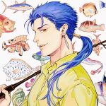  1boy blue_hair chiamo_(lmc_clm) chinese_commentary collared_shirt commentary_request cu_chulainn_(aloha_shirt)_(fate) cu_chulainn_(fate) cu_chulainn_(lancer)_(fate) earrings fate/hollow_ataraxia fate_(series) fish fish_request fishing_rod from_side hair_over_shoulder holding holding_fishing_rod jewelry long_hair looking_at_viewer male_focus parted_lips ponytail red_eyes shirt sideways_glance solo teeth tropical_fish upper_body upper_teeth_only yellow_shirt 