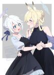  2girls 48okku ahoge alternate_costume alternate_hairstyle animal_ears bare_shoulders blonde_hair blue_archive blue_eyes blue_halo blush braid breasts commentary_request dancing dog_ears dog_girl halo hand_on_another's_back highres holding_hands kanna_(blue_archive) kirino_(blue_archive) large_breasts long_hair looking_at_another multiple_girls open_mouth white_hair yuri 