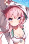  1girl arm_above_head arms_up bikini blue_eyes blurry blurry_foreground blush breasts choker cleavage closed_mouth collarbone commentary_request fingernails frilled_bikini frills green_hoodie hair_ornament hairclip hakui_koyori hakui_koyori_(summer) heart heart_hair_ornament heraraido_re hexagon_print highres holographic_interface hololive hood hood_up hoodie large_breasts long_hair long_sleeves looking_at_viewer multicolored_eyes nail_polish open_clothes open_hoodie pink_choker pink_hair pink_lips pink_nails purple_eyes simple_background solo swimsuit two-tone_eyes two-tone_hoodie virtual_youtuber white_background white_bikini white_choker white_hoodie wing_hair_ornament 