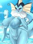  2021 anthro areola big_breasts blush bodily_fluids breasts eeveelution female genital_fluids genitals hi_res huge_breasts navel nintendo nipples nude open_mouth pok&eacute;mon pok&eacute;mon_(species) pussy pussy_juice sana!rpg solo vaporeon video_games water wide_hips 