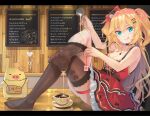  1girl akai_haato aqua_eyes bangs black_choker black_legwear blonde_hair blush bow breasts cafe choker cleavage closed_mouth clothes_pull coffee coffee_cup counter cream cup disposable_cup dress english_text eyebrows_visible_through_hair feet frills haaton_(akai_haato) hair_bow hair_ornament hair_ribbon hairclip highres hololive indoors jewelry knees_up long_hair looking_at_viewer medium_breasts menu_board milk necklace no_shoes on_counter pouring pouring_onto_self red_dress ribbon short_dress sitting smile solo spaghetti_strap strap_slip thigh_strap thighhighs thighs tongue tongue_out two_side_up very_long_hair virtual_youtuber yoshikawa_hiro zettai_ryouiki 