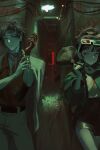  1boy 1girl 3d_glasses a_su against_wall an-an_lee black_eyes black_skirt chinese_commentary closed_mouth commentary_request eyewear_on_head gloves green_jacket green_light hallway hand_on_own_wrist hands_up highres holding holding_megaphone jacket jacket_on_shoulders looking_to_the_side medium_hair megaphone miniskirt original pants pencil_skirt ponytail red_light red_shirt reverse:1999 shirt short_hair side-by-side single_glove skirt sunglasses white_jacket white_pants white_shirt yellow_eyes 