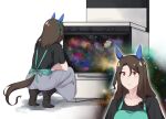  1girl :&lt; animal_ears apron casual collarbone commentary_request galaxy highres horse_ears horse_girl horse_tail king_halo_(umamusume) meme oven red_eyes scp-3049 scp_foundation sitting socks solo space space_cat_(meme) sugamo_(rainysnowy108) surprised tail umamusume white_background 