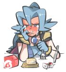  1girl bangs blue_bodysuit blue_gloves blue_hair blush bodysuit cape carton clair_(pokemon) collarbone commentary crying drinking_straw food fork gloves grey_eyes hair_between_eyes hair_tie half-closed_eyes highres holding holding_fork knife long_hair looking_down mouth_pull nose_bubble pokemon pokemon_(game) pokemon_hgss ponytail solo tears teeth tied_hair tirarizun 