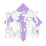  1boy 1girl animal_print argyle_background armor arms_at_sides arms_behind_back artist_name asymmetrical_bangs averting_eyes belt bird_print blunt_bangs blunt_ends bodysuit bridal_gauntlets brooch capelet choker closed_mouth covered_collarbone crescent crescent_hat_ornament cropped_torso detached_sleeves earrings elbow_gloves feathers fur_capelet furisode gem genshin_impact gift gloves greyscale greyscale_with_colored_background hand_on_own_arm hands_on_own_hips hat hat_ornament hetero highres holding holding_gift japanese_armor japanese_clothes jewelry jingasa juban kimono kote layered_sleeves leotard light_smile long_hair looking_at_another looking_down mandarin_collar middle_ring mona_(genshin_impact) mona_(pact_of_stars_and_moon)_(genshin_impact) monochrome negative_space nyanea open_clothes open_kimono pom_pom_(clothes) ponytail_holder purple_background purple_bag rope sash scaramouche_(genshin_impact) short_sleeves shorts side_cape sidelocks star_(symbol) star_brooch star_choker star_earrings star_hat_ornament tsurime twintails vision_(genshin_impact) wanderer_(genshin_impact) witch_hat 