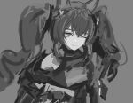  1girl angelina_(arknights) animal_ears arknights arknights:_endfield bare_shoulders coat commentary dress english_commentary fox_ears fox_girl gilberta_(arknights) grey_background greyscale hair_between_eyes headpiece highres long_hair looking_at_viewer monochrome mxewneko off_shoulder one_eye_closed simple_background sleeveless sleeveless_dress smile solo twintails unfinished upper_body 