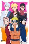  2girls 4boys :d absurdres bangs black_eyes black_hair black_jacket blonde_hair blue_eyes blue_hair blue_shirt boruto:_naruto_next_generations closed_mouth forehead forehead_protector glasses green_eyes hair_between_eyes hand_in_pocket haruno_sakura highres jacket japanese_clothes jewelry long_sleeves mitsuki_(naruto) multiple_boys multiple_girls naruto naruto_(series) necklace ninja open_clothes open_jacket open_mouth orange_background orange_jacket pink_background pink_hair pinoko_(pnk623) red_shirt shirt short_hair short_sleeves shorts sleeveless sleeveless_shirt smile team7 teeth two-tone_background uchiha_sarada uchiha_sasuke uzumaki_boruto uzumaki_naruto white_shirt white_shorts white_sleeves yellow_eyes 