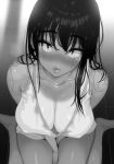  1girl bangs between_legs breasts cleavage closed_mouth from_above greyscale hair_between_eyes hand_between_legs large_breasts lips long_hair monochrome original sitting solo sweat tan tank_top tanlines wariza youshu_ohepe 