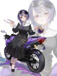  1girl art_brush black_dress black_ribbon black_shoes blue_gem braid breasts chain commentary_request dress earrings eyewear_on_head gem hair_over_shoulder hair_ribbon highres holding holding_paintbrush jewelry large_breasts license_plate light_blush long_sleeves looking_at_viewer motor_vehicle motorcycle nun on_motorcycle original paint_palette paint_splatter paint_splatter_on_face paint_tube paintbrush palette_knife parted_lips pencil purple_hair ravukurahuto_2d red_eyes ribbon shoes single_braid sitting stud_earrings sunglasses white_background zoom_layer 