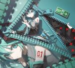  1girl aqua_eyes aqua_hair aqua_nails aqua_necktie aqua_theme arm_tattoo artist_name black_sleeves chinese_commentary commentary detached_sleeves exit_sign grey_shirt hatsune_miku headset highres kasane_teto kieed long_hair multiple_views necktie number_tattoo shirt sleeveless sleeveless_shirt tattoo twintails utau very_long_hair vocaloid w when_you_see_it zipper zipper_pull_tab 