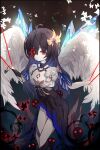  1girl absurdres antenna_hair bangs bare_shoulders bug butterfly closed_mouth covering_one_eye darkworldsss dress evil_smile glowing glowing_eyes hair_between_eyes hair_ornament hair_ribbon highres honkai_(series) honkai_impact_3rd long_hair looking_at_viewer looking_back navel red_butterfly red_eyes ribbon seele_(alter_ego) seele_vollerei smile solo tattoo white_butterfly wings 