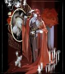  1boy 6_(reverse:1999) 6_(time_and_location)_(reverse:1999) absurdres aleph_(a_feast_of_imagery)_(reverse:1999) aleph_(reverse:1999) artist_name ascot black_background black_gloves black_jacket black_pants black_suit bouquet candle candlelight cape chandelier commentary covered_face cracked_mask english_commentary english_text flower full_body gloves highres holding holding_mask holding_paper inset_border jacket klepon long_hair male_focus mask official_alternate_costume pants paper portrait_(object) red_cape red_flower red_hair red_rose reverse:1999 rose shirt solo standing suit unworn_mask white_ascot white_mask white_shirt 