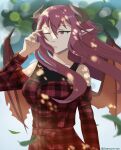  1girl :o bangs bare_shoulders breasts dragon_horns dragon_wings dress eyebrows_visible_through_hair grea_(shingeki_no_bahamut) highres horns kumazenge long_hair manaria_friends medium_breasts open_mouth outdoors plaid plaid_dress princess_connect! red_eyes red_hair shingeki_no_bahamut twitter_username wings 