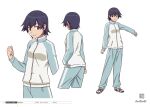  1girl anime_coloring bakemonogatari blue_hair blue_track_suit character_sheet clenched_hand cowboy_shot full_body highres kanbaru_suruga monogatari_(series) multiple_views official_art production_art raglan_sleeves scan seal_script short_hair sideways_glance simple_background smile standing thick_eyebrows tomboy track_suit very_short_hair white_background zip_available 