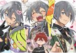  2boys :d ;o ^_^ afterimage amagi_rinne arm_up artist_name asymmetrical_clothes belt belt_buckle black_gloves black_shirt black_tank_top blue_eyes blush blush_stickers buckle chain chain_necklace chest_belt closed_eyes closed_mouth clothes_writing collared_shirt column_lineup date_plan_(ensemble_stars!) earrings ensemble_stars! falling_petals gloves green_jacket green_shirt grey_hair hair_between_eyes hair_over_shoulder headphones headset heart hot_limit_(ensemble_stars!) jacket jewelry lapels long_hair looking_at_viewer low_ponytail lunapont luv&amp;peace_(ensemble_stars!) male_focus microphone motion_lines multicolored_shirt multiple_boys multiple_views necklace official_alternate_costume one_eye_closed open_clothes open_jacket open_mouth petals ponytail print_shirt purple_belt red_hair shiina_niki shirt short_hair smile sparkle sweat t-shirt tank_top teeth u_u upper_teeth_only vest watermark white_vest wing_collar yellow_jacket 