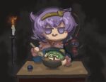  2girls :s blue_shirt bowl candle fine_art_parody green_eyes green_hair komeiji_koishi komeiji_satori long_sleeves looking_at_viewer multiple_girls numenoko open_mouth parody purple_eyes purple_hair shirt short_hair spoon tan_tan_pou third_eye thumbs_up touhou yellow_shirt 