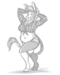  anthro asinus bottomwear clothed clothing crop_top donkey equid equine female hi_res hooves jewelry mammal monochrome nicnak044 piercing pinup pose shirt shorts solo topwear 