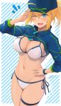  1girl absurdres ahoge artoria_pendragon_(fate) baseball_cap bikini blonde_hair blue_eyes blue_headwear blue_jacket blush breasts cleavage cropped_jacket fate/grand_order fate_(series) hair_between_eyes hair_through_headwear hat highres jacket large_breasts long_hair long_sleeves looking_at_viewer metalfrog mysterious_heroine_xx_(fate) navel one_eye_closed open_mouth ponytail salute shrug_(clothing) sidelocks smile solo stomach swimsuit thighs white_bikini wristband 