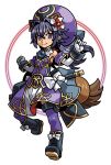  1girl animal_ears black_boots black_dress boots breasts closed_mouth detached_sleeves dress energy_ring gloves gold_trim hair_between_eyes hair_ornament harakawa_mitsuhiro hat light_smile long_hair matsuhime_mujina multicolored_dress official_art pointy_ears purple_dress purple_eyes purple_hair purple_hat purple_thighhighs raccoon_ears raccoon_girl raccoon_tail sheath shinrabanshou sleeveless sleeveless_dress solo tail thighhighs third-party_source transparent_background white_dress white_gloves 