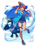  1girl :d bangs blue_eyes blue_footwear blue_jacket blue_shirt blush breasts cleavage cloud collarbone commentary_request cramorant eyelashes floating_hair full_body hair_ornament hand_up highres jacket knees leg_up one_side_up open_clothes open_jacket open_mouth pokemon pokemon_(creature) pokemon_(game) pokemon_bw red_hair shiny shiny_skin shirt shoes short_hair_with_long_locks short_shorts short_sleeves shorts sidelocks skyla_(pokemon) smile teeth thigh_pouch tied_hair tongue upper_teeth yoshinatsu 