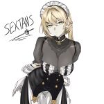  1girl absurdres arms_behind_back black_dress blonde_hair breasts buttons character_name cross-laced_clothes double-breasted dress english_commentary expressionless girls'_frontline girls'_frontline_2:_exilium green_eyes hair_between_eyes hand_on_own_arm highres leaning_forward leaning_to_the_side light_frown maid_headdress medium_breasts medium_hair ponytail sextans_(girls'_frontline_2) solo yamato3433 