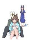  1boy 2girls ? alternate_costume alternate_hairstyle animal_ears blue_eyes blue_hair blue_pajamas blush brown_hair cheval_grand_(umamusume) commentary_request ear_covers hair_between_eyes highres horse_ears horse_girl horse_tail long_hair multicolored_hair multiple_girls open_mouth pajamas peperoncino-sama siblings simple_background sisters sitting standing t-head_trainer_(umamusume) tail trainer_(umamusume) umamusume v_sisters verxina_(umamusume) white_background white_hair 