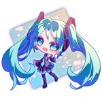  1girl :d aqua_eyes aqua_hair aqua_necktie aqua_trim bare_shoulders black_skirt black_sleeves black_thighhighs boots chibi commentary_request deformed detached_sleeves double-parted_bangs full_body grey_shirt hair_ornament hand_up hatsune_miku highres kuronohanpen long_hair long_sleeves looking_at_viewer necktie number_tattoo open_mouth pleated_skirt shirt shoulder_tattoo skirt sleeveless sleeveless_shirt smile solo tattoo thigh_boots thighhighs twintails very_long_hair vocaloid 