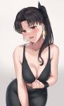  1girl alternate_costume black_hair blush breasts cleavage cowboy_shot earrings fate/grand_order fate_(series) highres hoop_earrings hug ishtar_(fate) jewelry leaning_forward looking_at_viewer medium_breasts ponytail red_eyes ryudraw self_exposure solo sports_bra tight top_pull visible_air white_background 