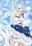  1girl animal_ears animal_hands aqua_eyes aqua_hair beamed_eighth_notes blue_dress breasts cat_ears cat_girl cat_paws cat_tail closed_mouth commentary_request detached_collar detached_sleeves dress eighth_note frilled_dress frills gold_tiara gold_trim hair_between_eyes hair_ornament hatsune_miku highres jewelry light_blush long_hair long_sleeves looking_at_viewer midriff mofmama musical_note musical_note_hair_ornament musical_note_print navel official_alternate_costume official_alternate_hairstyle princess small_breasts smile snowflake_hair_ornament solo stomach tail thighhighs tiara twintails very_long_hair vocaloid white_thighhighs yuki_miku yuki_miku_(2019) 