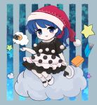  1girl bangs black_bow black_dress black_sleeves blue_background blue_eyes blue_hair blush book boots bow chibi cloud doremy_sweet dress eyebrows_visible_through_hair gradient gradient_background grey_background hand_up hat looking_at_viewer open_mouth pom_pom_(clothes) ponytail red_headwear rei_(tonbo0430) short_hair short_sleeves sitting sitting_on_cloud smile solo star_(symbol) starry_background striped striped_background tail touhou white_dress white_footwear 