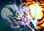  1girl absurdres alternate_costume bike_shorts black_jacket black_shoes black_shorts blue_eyes commentary_request energy_sword explosion frilled_skirt frills green_skirt grey_hair guminemi highres hitodama hitodama_print holding holding_sword holding_weapon jacket konpaku_youmu konpaku_youmu_(ghost) konpaku_youmu_(lunar_war_gardener) looking_at_viewer medium_hair multicolored_jacket platform_shoes print_skirt shoes shorts skirt solo sword touhou touhou_lostword two-tone_jacket weapon white_jacket 