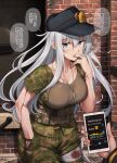  1girl alternate_breast_size bandaged_leg bandages black_headwear blood blood_on_arm blood_on_face blue_eyes blush breasts camouflage camouflage_jacket camouflage_pants cigarette collarbone commentary dog_tags eyebrows_visible_through_hair flat_cap hair_between_eyes hand_in_pocket hat hibiki_(kancolle) highres holding holding_cigarette ichikawa_feesu jacket kantai_collection large_breasts long_hair older pants short_sleeves silver_hair smoking solo_focus speech_bubble translated 