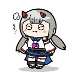  1girl :t annoyed arms_at_sides assault_lily belt belt_buckle black_belt black_horns blue_sailor_collar blue_skirt blunt_bangs blush buckle chibi closed_eyes closed_mouth commentary_request crop_top detached_sleeves fujita_asagao grey_hair grey_shirt head_steam highres horns jika-tabi konpeitoull_(c12h22o11_tr_6) long_hair long_sleeves low_twintails miniskirt multicolored_horns neckerchief odaiba_girls_high_school_uniform pout purple_neckerchief red_horns sailor_collar school_uniform serafuku shirt simple_background skirt sleeveless sleeveless_shirt solo standing thighhighs translated twintails two-tone_horns undershirt v-shaped_eyebrows very_long_hair waist_cape white_background white_thighhighs wide_sleeves 