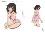  1girl anime_coloring bakemonogatari bandaid bandaid_on_arm black_hair brown_eyes character_sheet cowboy_shot full_body highres medium_hair monogatari_(series) multiple_views nightgown official_art production_art scan seal_script sengoku_nadeko simple_background sitting strap_slip white_background yokozuwari zip_available 