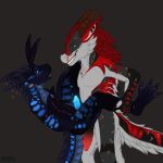 4_toes 5_fingers absurd_res accessory anthro arm_tuft back_tuft balls beaded_jewelry beads belly black_body black_fur blue_body blue_eyes blue_horn blue_markings blue_penis blush brown_horn bunny_costume cheek_tuft chest_tuft claws clothing costume dragon duo ear_piercing ear_ring elbow_tuft erection eye_contact facial_tuft fake_ears fake_rabbit_ears feet fingers fishnet_clothing fishnet_legwear fluffy fluffy_tail fur furgonomics genitals glowing glowing_genitalia glowing_penis golden_markings golden_ring green_eyes grey_belly grey_body grey_fur hair hand_on_leg hand_on_own_leg hand_on_own_thigh hand_on_thigh hi_res holding_partner holding_partner's_leg horn horn_accessory horn_jewelry jewelry leg_tuft legwear lifting_partner looking_at_another male male/male markings multicolored_body mythological_creature mythological_scalie mythology nude open_mouth penile_spines penis penis_size_difference piercing red_body red_fur red_hair red_markings red_penis rhaelrhaelrasputin ribbed_penis ring_piercing scale_markings scales scalie scutes shoulder_tuft simple_background size_difference smile tail teeth toes tuft two_tone_body white_body white_sclera