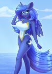  absurd_res anthro anthrofied big_breasts bikini blue_body blue_feathers breasts cleavage clothed clothing dandy_(artist) equid equine feathers female friendship_is_magic hi_res horn mammal my_little_pony one-piece_swimsuit princess_luna_(mlp) solo swimwear winged_unicorn wings 