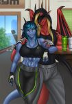 2023 5_fingers abs anthro bangs behind_another beverage beverage_bottle biceps big_breasts black_body black_clothing black_eyes black_membrane black_nails black_scales black_sclera black_topwear black_wing_claws blonde_hair blue_body blue_hair blue_scales bottomwear breasts claws clothed clothed_breasts clothing colored_nails coman crop_top day detailed_background digital_media_(artwork) door dragon dragon_wings dumbbell duo elbow_on_table eliana-asato english_text female fingerless_gloves fingers front_view furniture gloves green_eyes gym gynomorph_(lore) hair hand_on_shoulder handwear happy heart_symbol hi_res hood horn humanoid_pointy_ears inside legwear long_hair long_nails long_pants looking_at_another male markings membrane_(anatomy) membranous_wings multicolored_body multicolored_hair multicolored_scales muscular muscular_anthro muscular_arms muscular_female muscular_male mythological_creature mythological_scalie mythology nails open_door pants plant pointy_ears red_body red_scales romantic romantic_couple scales scalie shaker_bottle shirt size_difference sky sleeveless_hoodie sleeveless_shirt smile spots spotted_markings standing standing_behind table tail text topwear tree weights window wing_claws wings wood wood_furniture wood_table